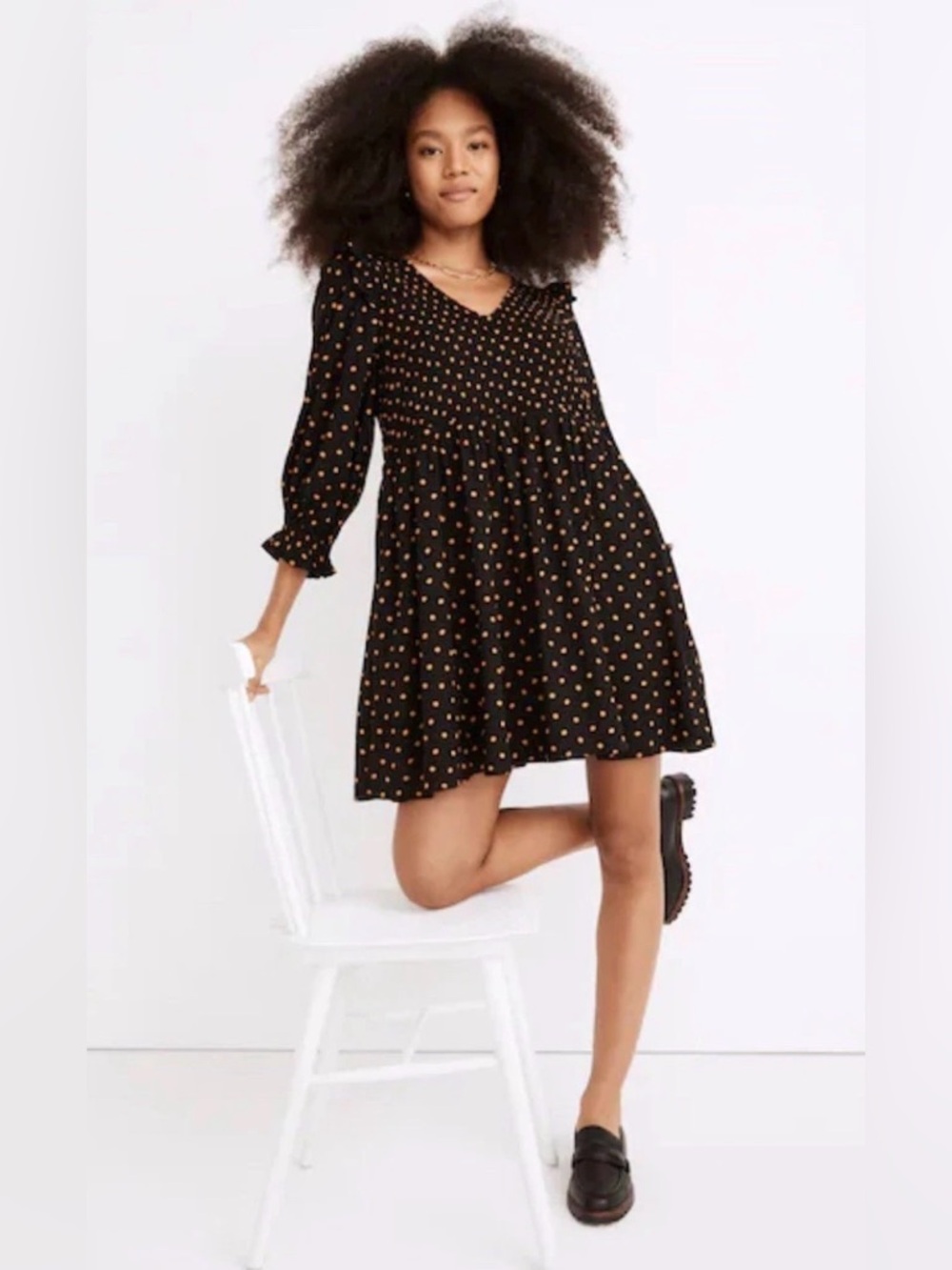 Madewell Black V-Neck Polka Dot Smocked Waist Dress - Black/Gold Sz L